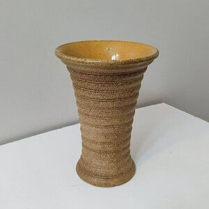 Red Wing Art Pottery Ribbed Vase 132, 7" Textured Tan with Glossy Yellow Inside
